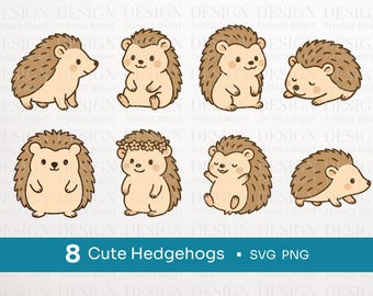 Cute Hedgehog Clipart Bundle SVG PNG | 8 Hand-Drawn Style Hedgehog Illustrations | Woodland Animal for Stickers, Crafts, Sublimation