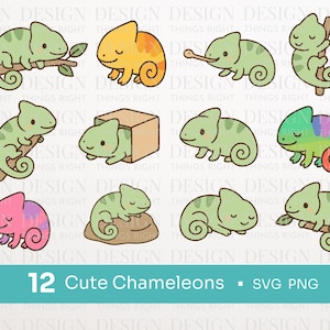 Cute Chameleon Clipart SVG PNG | 12 Cute Hand Drawn Style Chameleon Designs | Reptile Pet Lover for Stickers, Cricut & Sublimation