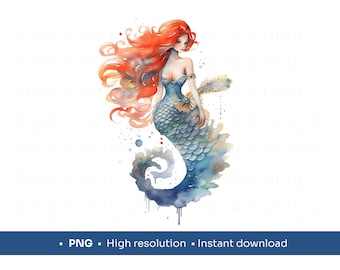 Meerjungfrau Aquarell PNG | Zauberhafte, elegante Meerjungfrau Illustration - Print auf alles | Tassen, Notebooks, Tragetaschen, Sublimation