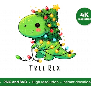 Baum Rex Lichterkette | Niedliche, lustige Urlaub T-Rex SVG & PNG Illustration für festliches Kunsthandwerk und Dekor