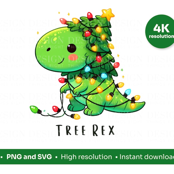 Tree Rex Christmas Lights | Cute, Funny Holiday T-Rex SVG & PNG Illustration for Festive Crafts and Decor