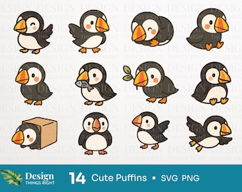 Cute Puffin SVG PNG Clipart Bundle – Hand Drawn Style Bird Stickers, Kawaii Arctic Animal PNGs for Cricut & Sublimation Projects