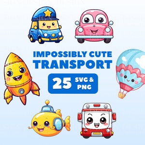 Lindas pegatinas de imágenes prediseñadas de vehículos de transporte / pegatinas digitales Kawaii / Scrapbooking, invitaciones, tarjetas, planificadores / PNG SVG