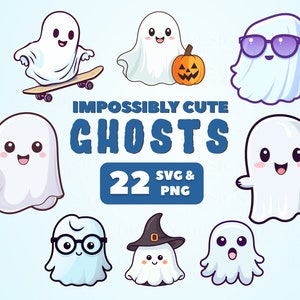 Niedliches Halloween Gespenst Clipart Bundle | PNG SVG | Kawaii digitale Aufkleber | Scrapbooking, Einladungen, Karten, Dekor