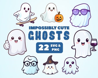 Niedliches Halloween Gespenst Clipart Bundle | PNG SVG | Kawaii digitale Aufkleber | Scrapbooking, Einladungen, Karten, Dekor