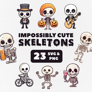 May include: A set of 23 digital illustrations of cute skeletons in various poses, including holding a beer, riding a bike, playing guitar, and holding pumpkins. The text "Impossibly Cute Skeletons" and "23 SVG & PNG" is also included in the image.