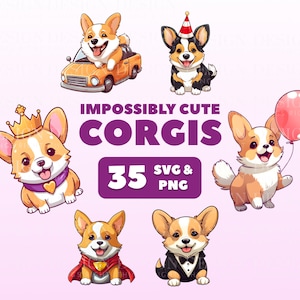 Niedliche Corgis Clipart Aufkleber | Kawaii digitale Aufkleber | Scrapbooking, Einladungen, Karten, Planer | PNG | Süße lustige Hunde