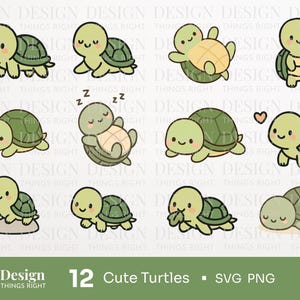 Paquete de imágenes prediseñadas de tortugas lindas (SVG y PNG): 12 diseños de tortugas kawaii para Cricut, sublimación, manualidades, scrapbooking e imprimibles