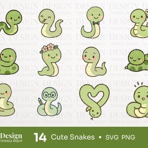 Niedliche Schlangen Clipart Bundle SVG PNG - 12 Kawaii Reptil Clipart, lustige Schlange PNG Set, handgezeichnete Tier Schnittdateien für Cricut und Silhouette