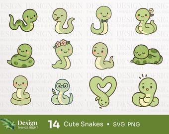 Niedliche Schlangen Clipart Bundle SVG PNG - 12 Kawaii Reptil Clipart, lustige Schlange PNG Set, Tier Schnittdateien für Cricut und Silhouette