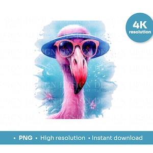 Flamingo legal em óculos de sol e chapéu PNG | Ilustração em aquarela | Canecas, cadernos, sacolas, sublimação