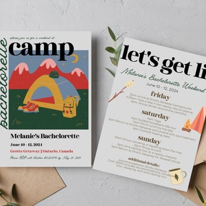 Camp Bachelorette Invitation and Weekend Itinerary Template, Camp Bach Invite and Itinerary, Bach Glamping, Camp Bachelorette