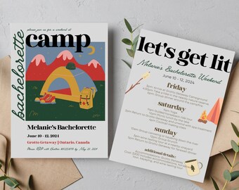 Camp Bachelorette Invitation and Weekend Itinerary Template, Camp Bach Invite and Itinerary, Bach Glamping, Camp Bachelorette