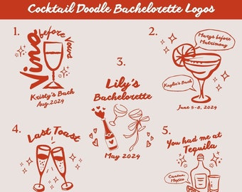 Cocktail Doodle Bachelorette Logo, Handgezeichnetes Benutzerdefiniertes Logo, Hen Party Logo