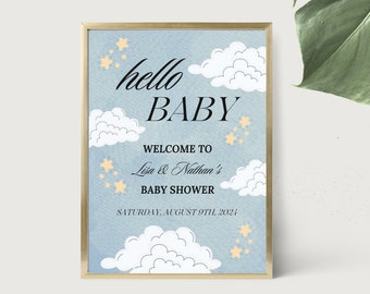Hello Baby Baby Shower Welcome Sign Templates, Gender Neutral Shower Template, Cloud Baby Shower Decor, Cloud and Stars Baby Shower Theme
