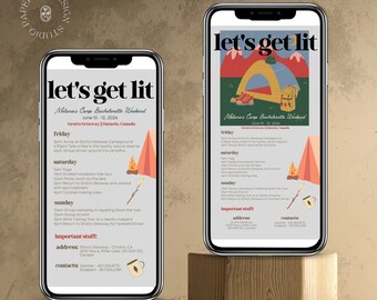 Camp Bachelorette Digital Itinerary Template, Editable Itinerary, Camp Bachelorette Theme, Hen Party Digital Invite