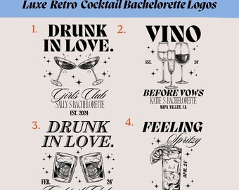 Luxe Retro Cocktail Bachelorette Logos, Junggesellinnenabschied Logo, Bachelorette Wochenende Logo, Mädchen Trinkclub, Veuve Bevor Gelübde, Logos