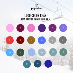 K&ouml;nnte beinhalten: Eine Farbpalette mit 21 verschiedenen Farboptionen, nummeriert von 1 bis 21. Die Farben sind in einem Raster angeordnet. Die Palette ist mit "LOGO COLOR CHART (CAN PROVIDE OWN HEX COLOR #)" betitelt.