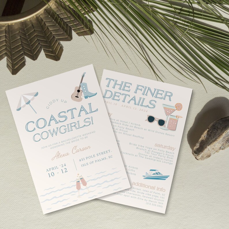 May include: Two invitation cards with a coastal theme. One card reads "Coastal Cowgirls!" with illustrations of a guitar, boots, and an umbrella. The second card lists event details. The cards are light beige with blue and pink accents.