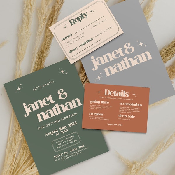 Retro Bold Wedding Invitation Suite Templates with Details and RSVP Styles, Bold Retro Wedding, Fall Wedding Invitation, Editable Templates