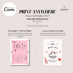 May include: Printable bachelorette party invitation template with a pink background and a design featuring a champagne bottle and two glasses with the text "Drunk in Love Bachelorette Weekend".