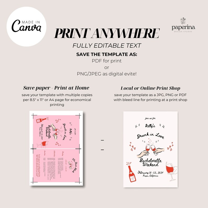May include: Printable bachelorette party invitation template with a pink background and a design featuring a champagne bottle and two glasses with the text "Drunk in Love Bachelorette Weekend".
