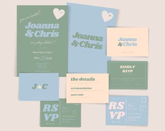 Retro Wedding Invitation Suite Templates, Details and RSVP Card Templates, Unique Printable Invitations, DIY Colorful Wedding Invite