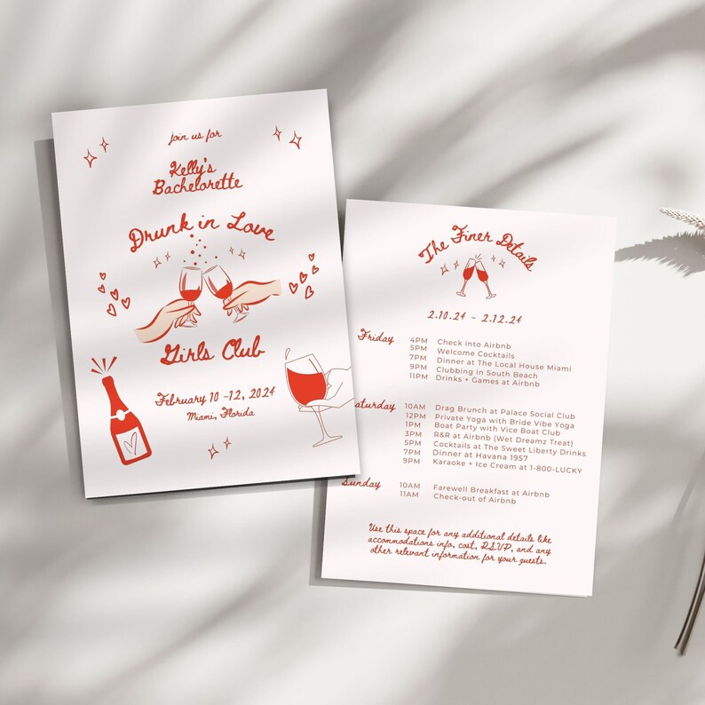 K&ouml;nnte beinhalten: Eine Junggesellinnenabschiedseinladung in Rot-Wei&szlig;. Die Einladung zeigt eine Grafik von zwei H&auml;nden, die mit Weingl&auml;sern ansto&szlig;en, und den Text "Drunk in Love" und "Girls Club". Die Einladung enth&auml;lt auch die Daten "10.-12. Februar 2024" und den Ort "Miami, Florida".