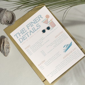May include: An invitation card with the text "THE FINER DETAILS" and event details for April 10-12, 2024. The design features illustrations of cocktails, sunglasses, and a boat. The card has a light pink background.