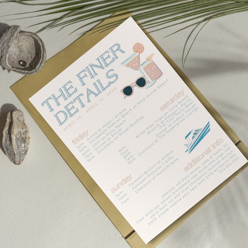 May include: An invitation card with the text "THE FINER DETAILS" and event details for April 10-12, 2024. The design features illustrations of cocktails, sunglasses, and a boat. The card has a light pink background.