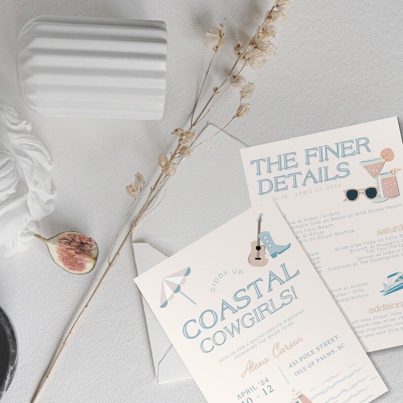 May include: Two invitation cards with the text "Coastal Cowgirls!" and "The Finer Details" in blue and beige. The cards feature illustrations of a guitar, cowboy boot, sunglasses, and cocktails. A white ceramic vase and dried flowers are also in the image.