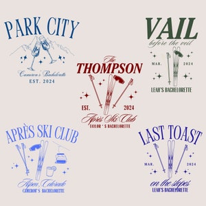 K&ouml;nnte beinhalten: Vier verschiedene Designs f&uuml;r eine Ski-Motto-Junggesellinnenparty. Die Designs zeigen eine Bergkette, Skist&ouml;cke, Skier und Text, der "Park City", "Vail before the veil", "The Thompson Apr&egrave;s Ski Club" und "Last Toast on the slopes" lautet.