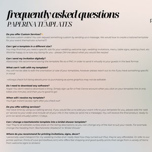May include: A digital document featuring the text "frequently asked questions" and "PAPERINA TEMPLATES". It provides answers about custom services, template sizes, digital invitations, editing, and printing recommendations. The Paperina Design Studio logo is visible in the top right corner.
