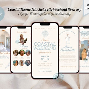 Coastal Bachelorette Weekend Digital Itinerary Template, Coastal Grandma Itinerary, Last Toast Hen Weekend, Canva Mobile Itinerary