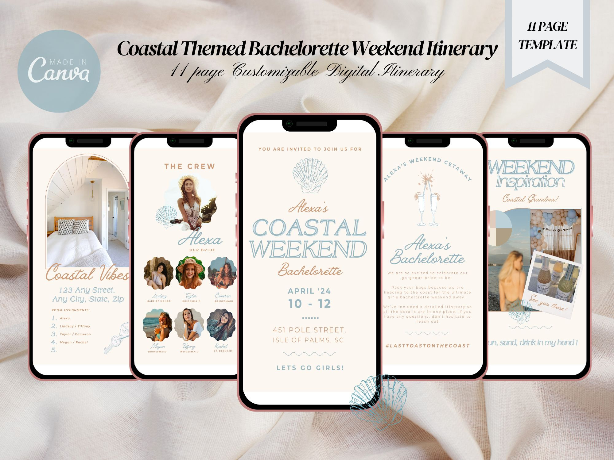Coastal Bachelorette Weekend Digital Itinerary Template, Coastal Grandma Itinerary, Last Toast Hen Weekend, Canva Mobile Itinerary