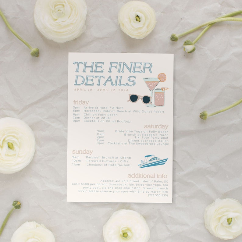 May include: A cream-coloured event itinerary titled "THE FINER DETAILS" with a schedule for April 10-12, 2024. The design includes illustrations of sunglasses, cocktails, and a boat. White flowers and stems are arranged around the card.