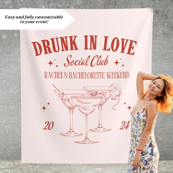 Custom Drunk in Love Club Bachelorette Party Banner, Personalized Girls Weekend Party Photo Backdrop, Custom Party Tapestry Banner