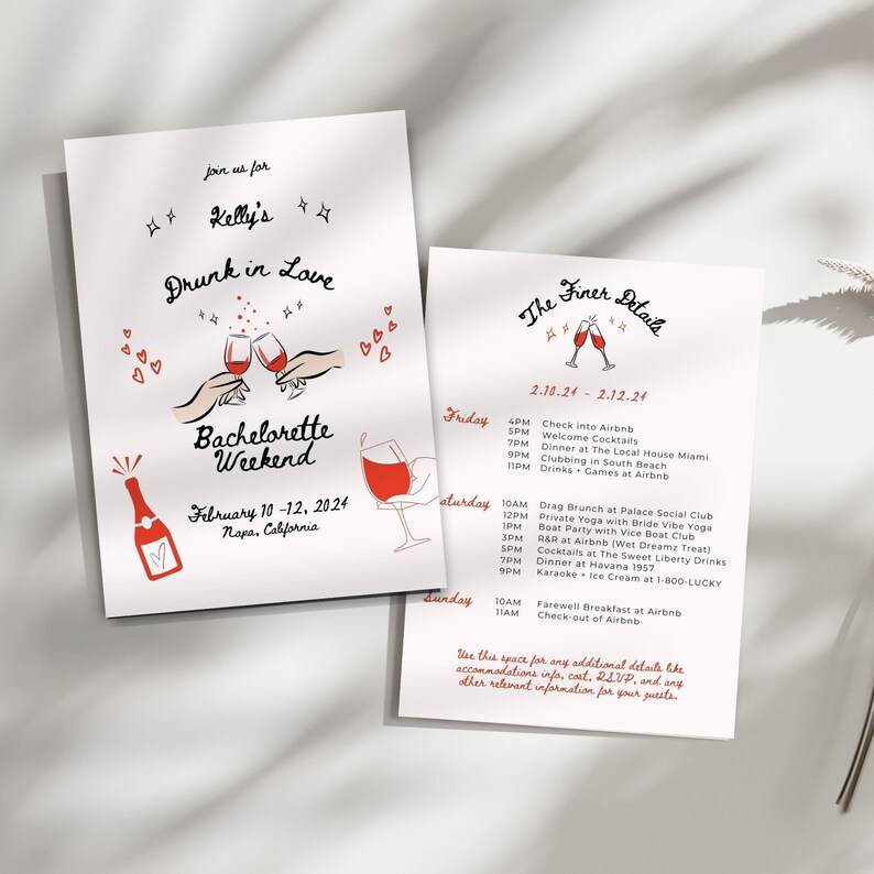 May include: A bachelorette weekend invitation with a red and white color scheme. The invitation features a cartoon illustration of two wine glasses clinking, with the text "Drunk in Love" and "Bachelorette Weekend". The invitation also includes the dates and location of the event: February 10-12, 2024, Napa, California.