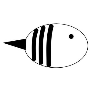May include: Black and white illustration of a bee with a striped body and a pointed stinger.