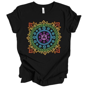May include: Black t-shirt with a rainbow colored geometric design featuring a large, multi-sided die in the center.