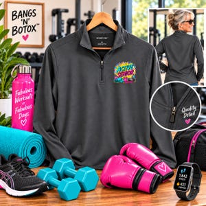 Active Senior Pop Art Quarter-Zip Pullover | Women Fitness Theme Weights, Yoga Mat, Sneakers
