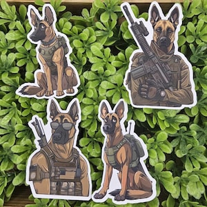 May include: Four sticker designs featuring cartoon illustrations of German Shepherd dogs in military gear. The dogs are wearing camouflage vests and carrying weapons. One dog is holding a rifle, another is holding a pistol, and the other two are wearing tactical gear.