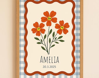 Personalized Nursery Poster – Red-Orange Floral Print, Gingham Nursery Print, Wall Art Decor