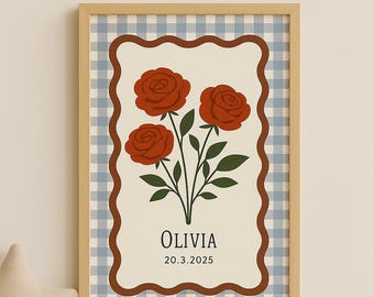 Custom Nursery Folk Art Floral Poster with Name Personalization – Red-Orange Flowers, Gingham Nursery Print, Wall Art Decor