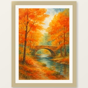 Forest Bridge in Autumn Poster - River Scene Wall Art
