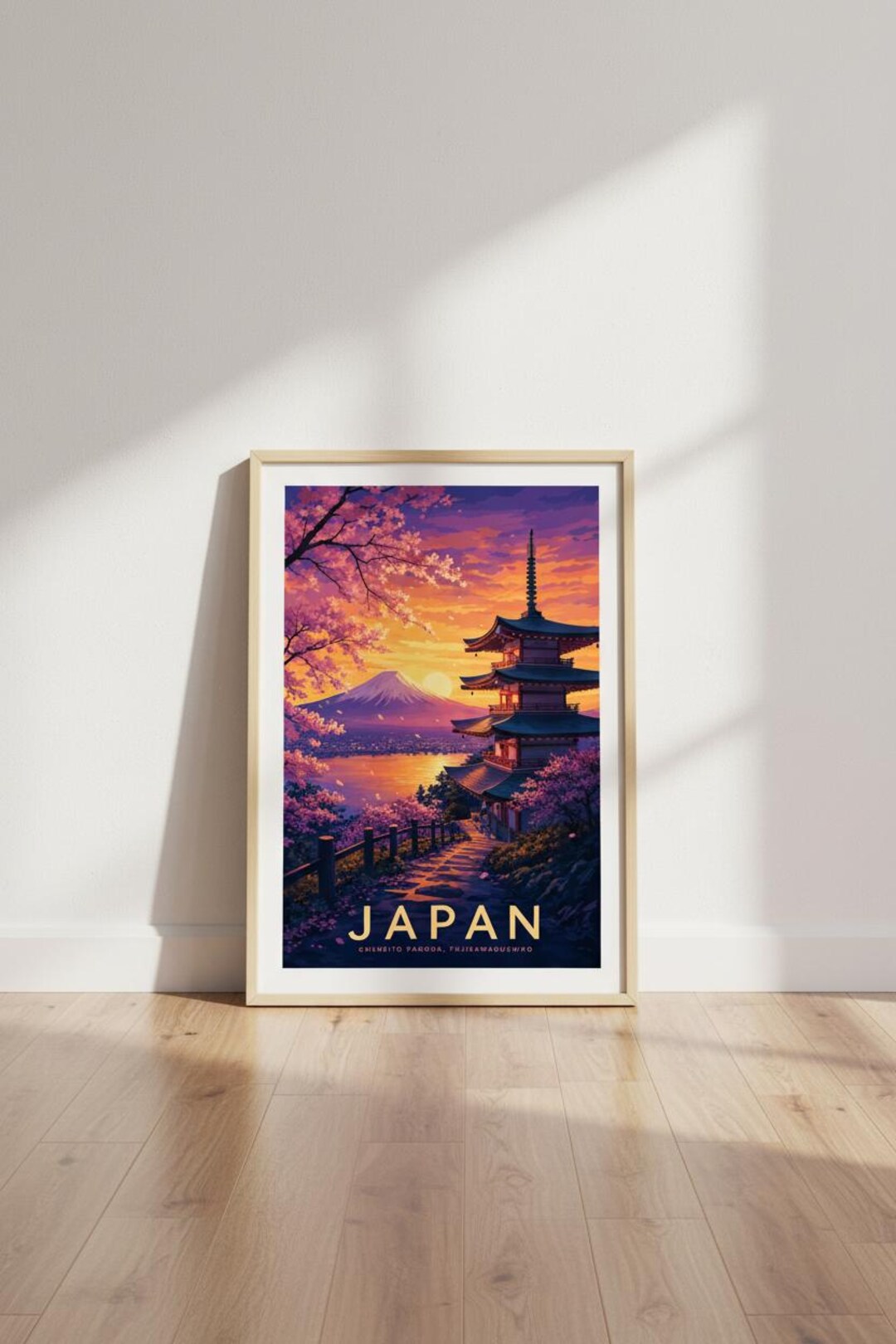 Japan Mount Fuji Wall Art Print | Sunset Pagoda Decor | Pink Cherry ...