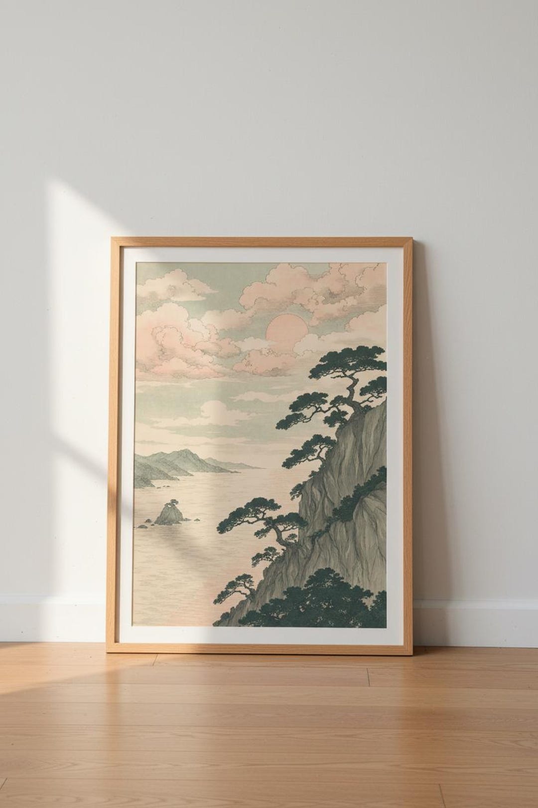 Japanese Coast Landscape Art | Pink Sunset Pine Tree Print, Zen Bedroom ...