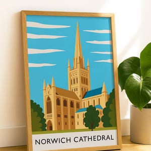 Poster di viaggio della Cattedrale di Norwich - Stampa artistica di un monumento storico in cornice di quercia, poster britannico d&#39;epoca