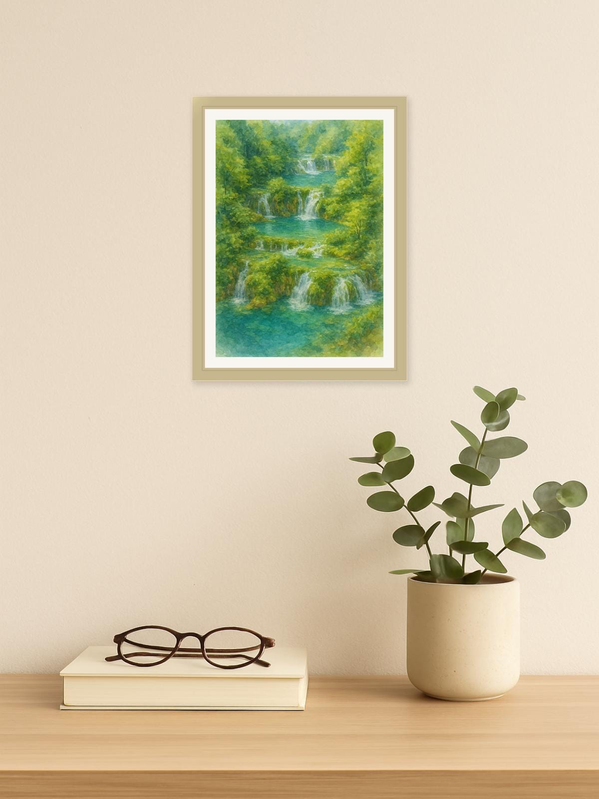 プリトヴィツェ湖群 クロアチア 滝 水彩画プリント – フレームなし