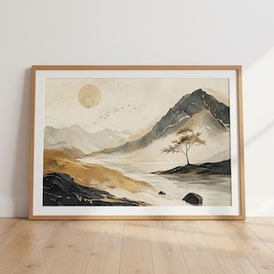 May include: A framed watercolor landscape print featuring a mountain range, a tree, and a body of water. The artwork uses a muted color palette of beige, brown, and gray. A sun and a flock of birds are in the sky. The frame is made of wood.